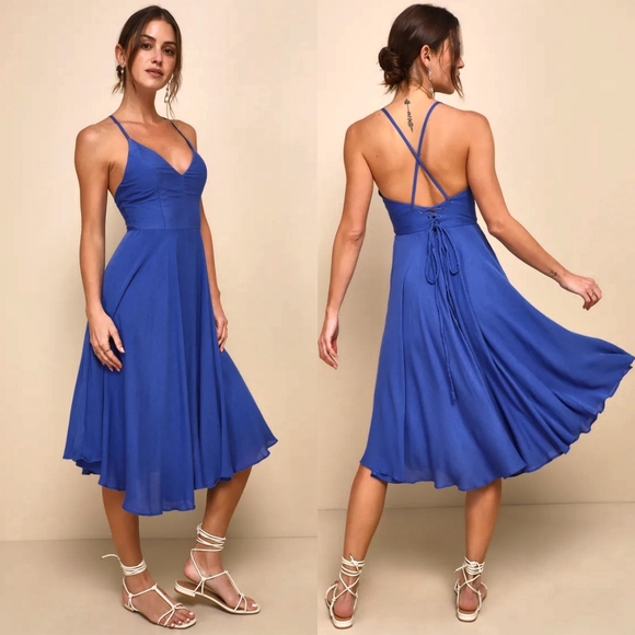 LULUS Troulos Royal Blue Lace-Up Rayon Midi Dress Size S - Picture 6 of 6